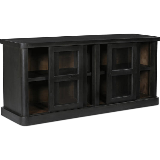 Mona Sideboard by Moe's Home Collection in black. Made from solid neem wood, tempered glass, pine veneer back in a unique style.