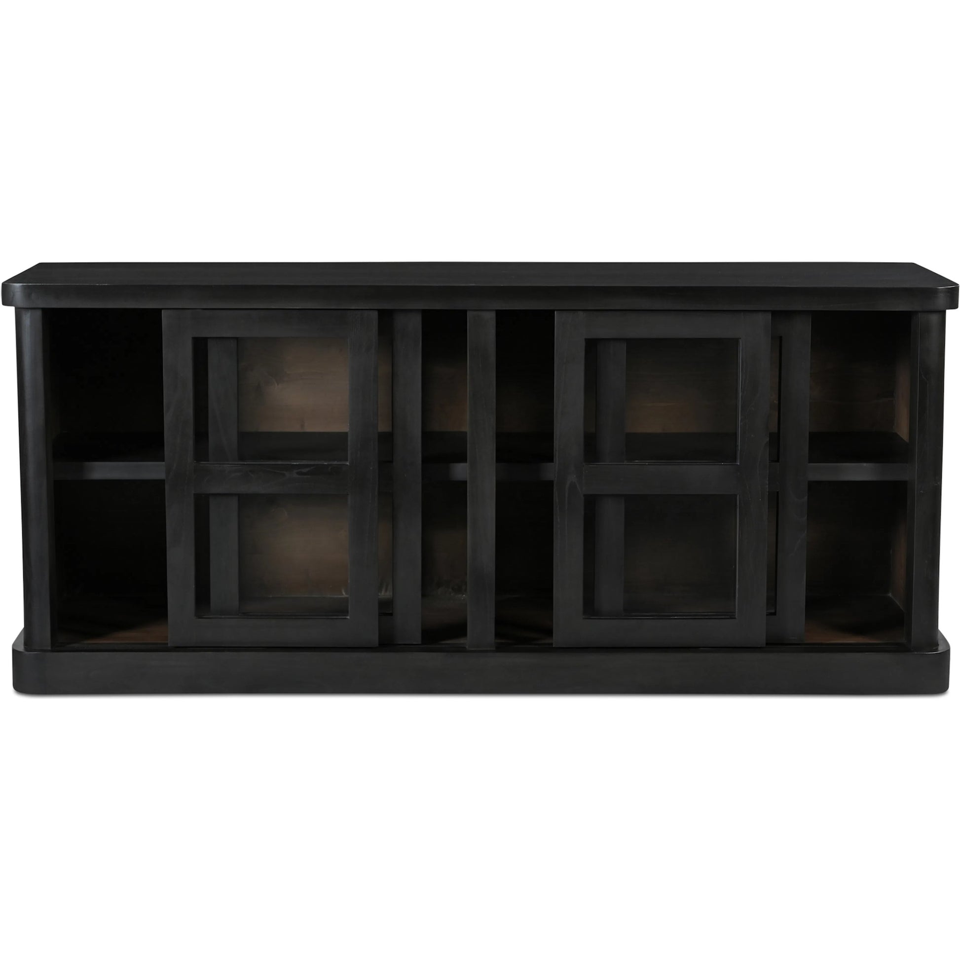 Mona Sideboard by Moe's Home Collection in black. Made from solid neem wood, tempered glass, pine veneer back in a traditional style.