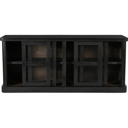 Mona Sideboard by Moe's Home Collection in black. Made from solid neem wood, tempered glass, pine veneer back in a traditional style.