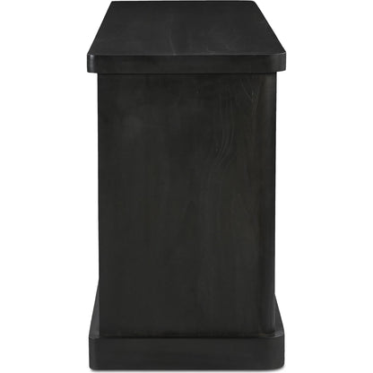 Mona Sideboard by Moe's Home Collection in black. Made from solid neem wood, tempered glass, pine veneer back in a traditional style.