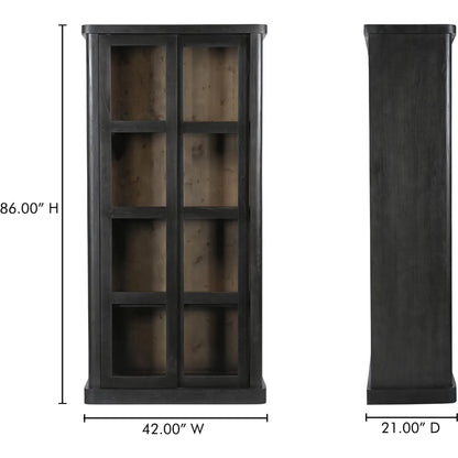 Mona Cabinet by Moe's Home Collection in black. Made from solid neem wood, tempered glass, pine veneer back, iron t bar in a traditional style.