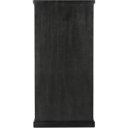 Mona Cabinet by Moe's Home Collection in black. Made from solid neem wood, tempered glass, pine veneer back, iron t bar in a traditional style.