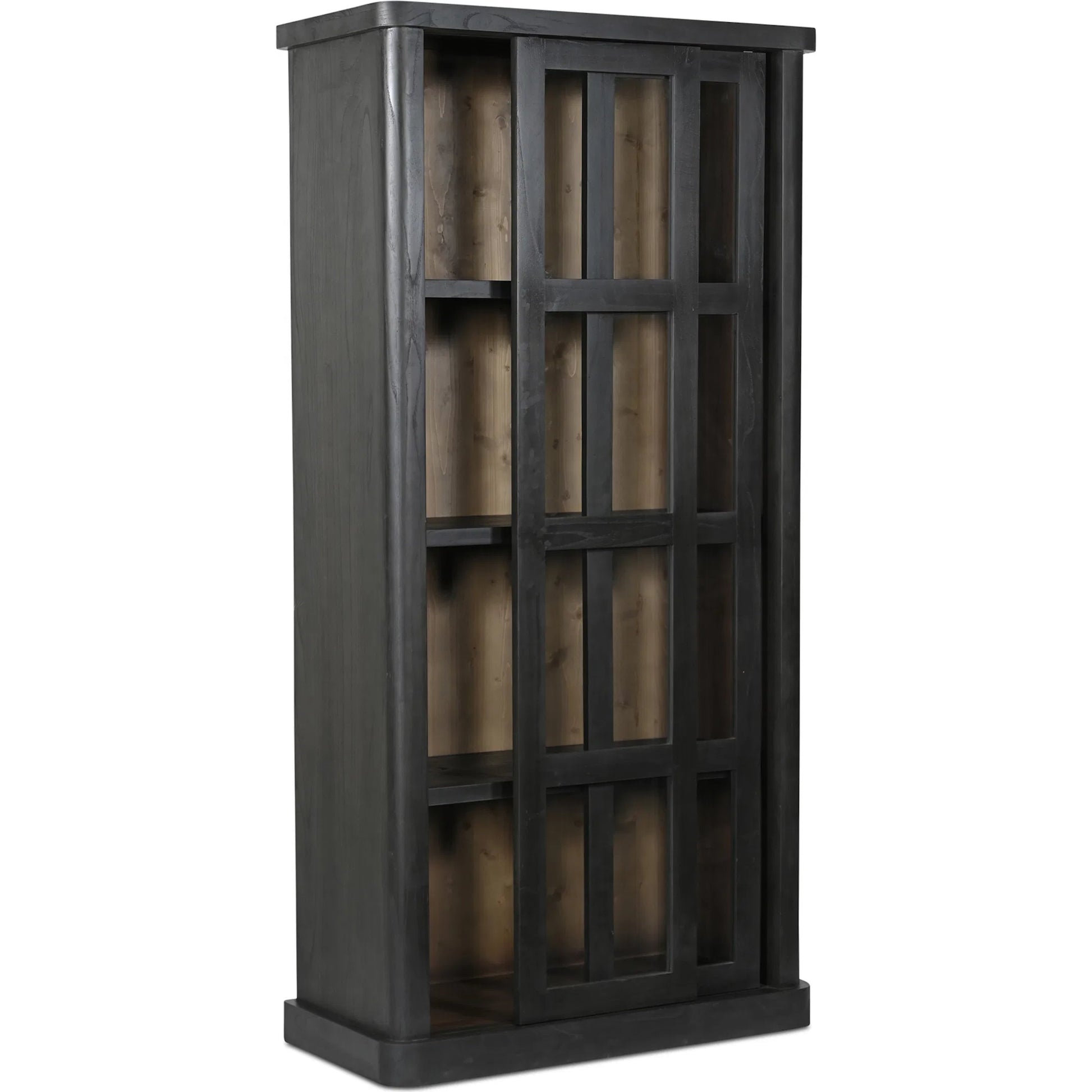 Mona Cabinet by Moe's Home Collection in black. Made from solid neem wood, tempered glass, pine veneer back, iron t bar in a traditional style.