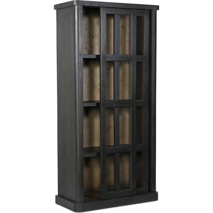 Mona Cabinet by Moe's Home Collection in black. Made from solid neem wood, tempered glass, pine veneer back, iron t bar in a traditional style.