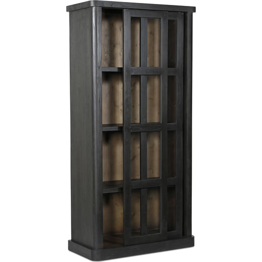 Mona Cabinet by Moe's Home Collection in black. Made from solid neem wood, tempered glass, pine veneer back, iron t bar in a unique style.