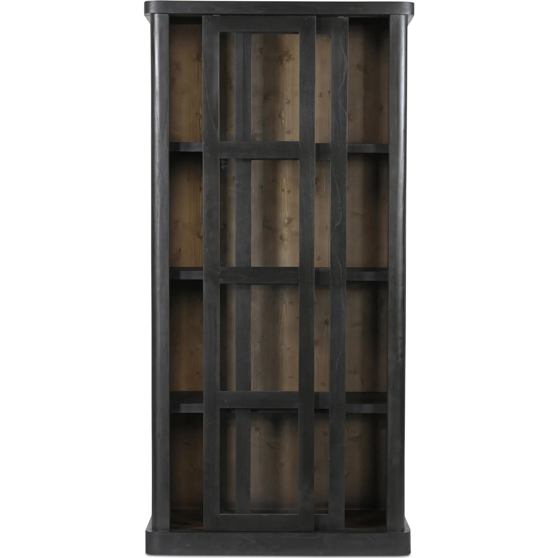 Mona Cabinet by Moe's Home Collection in black. Made from solid neem wood, tempered glass, pine veneer back, iron t bar in a traditional style.