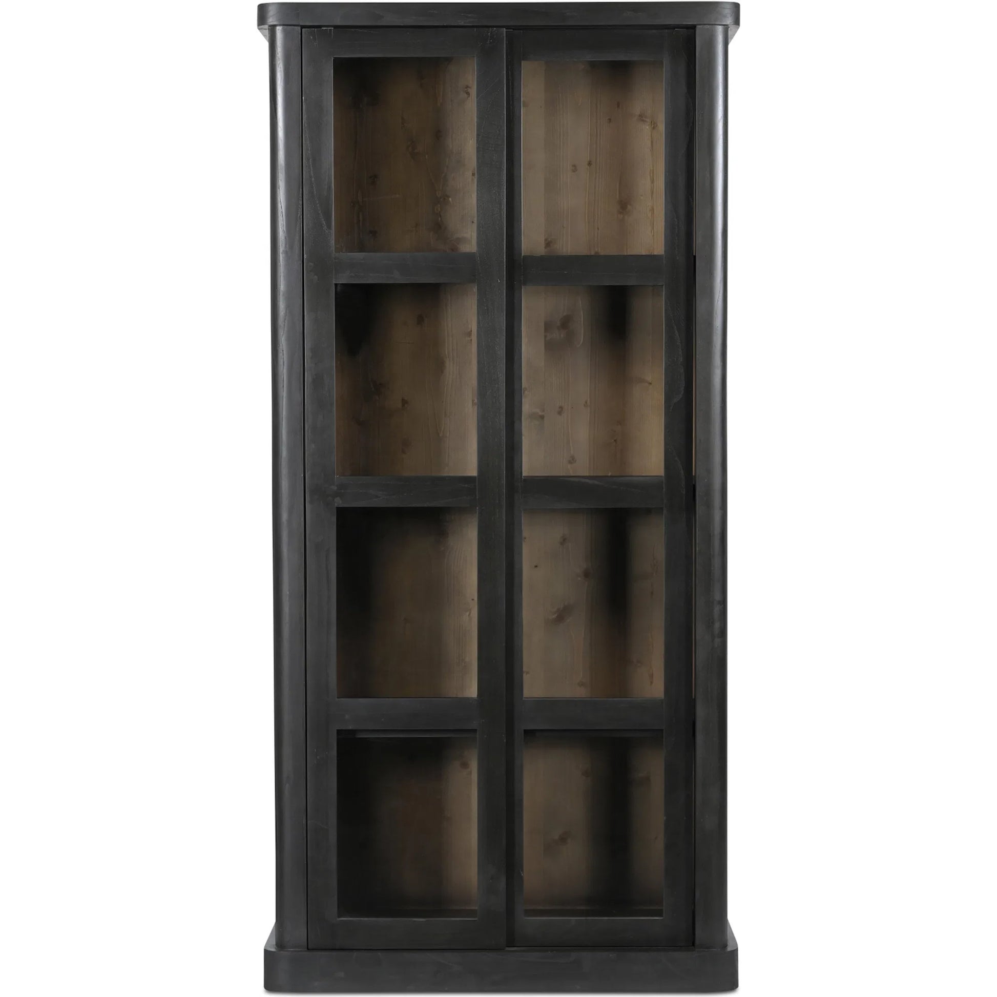 Mona Cabinet by Moe's Home Collection in black. Made from solid neem wood, tempered glass, pine veneer back, iron t bar in a traditional style.