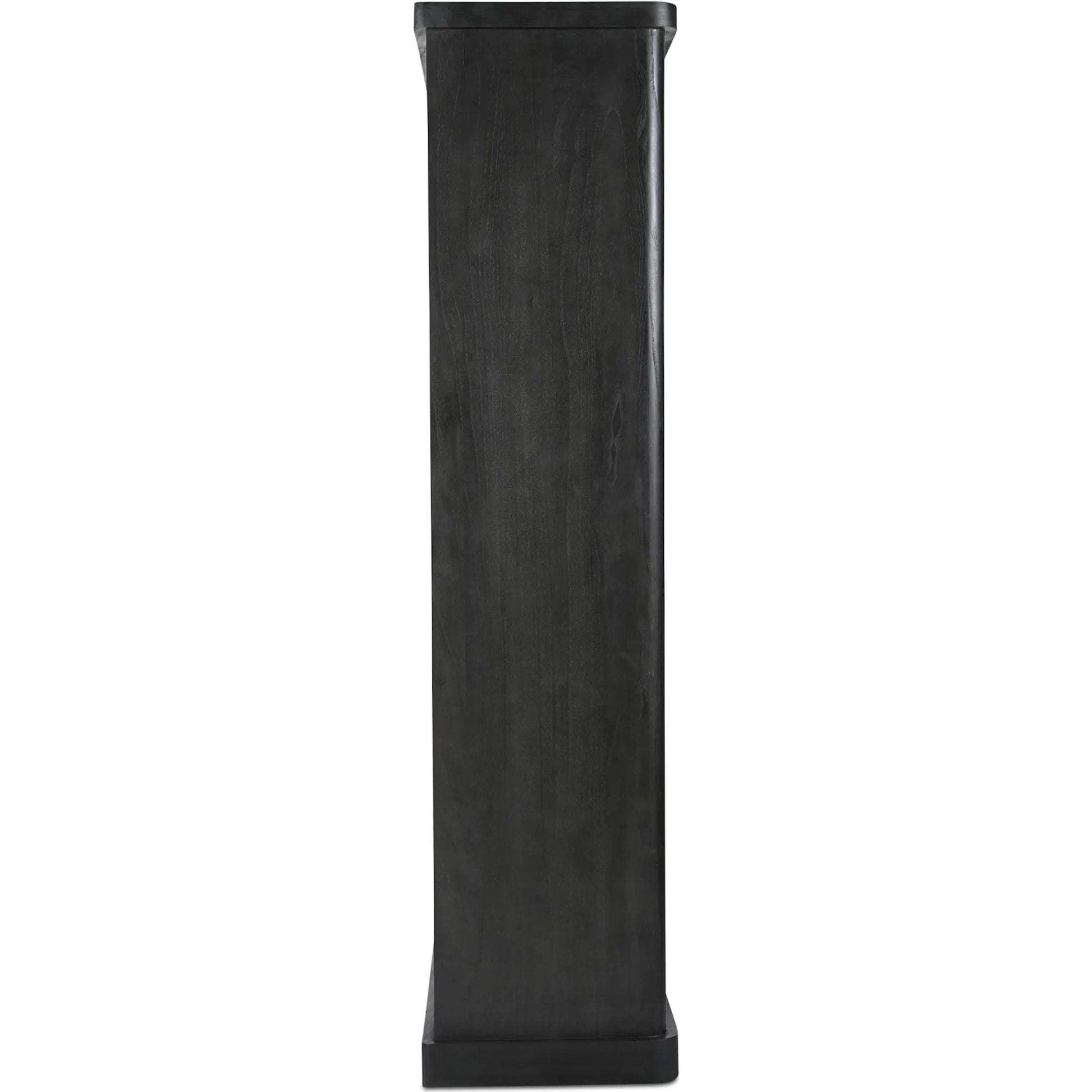 Mona Cabinet by Moe's Home Collection in black. Made from solid neem wood, tempered glass, pine veneer back, iron t bar in a traditional style.