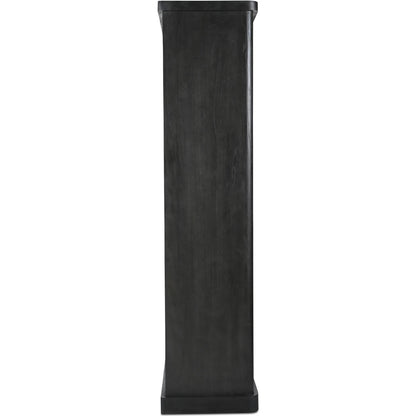 Mona Cabinet by Moe's Home Collection in black. Made from solid neem wood, tempered glass, pine veneer back, iron t bar in a traditional style.