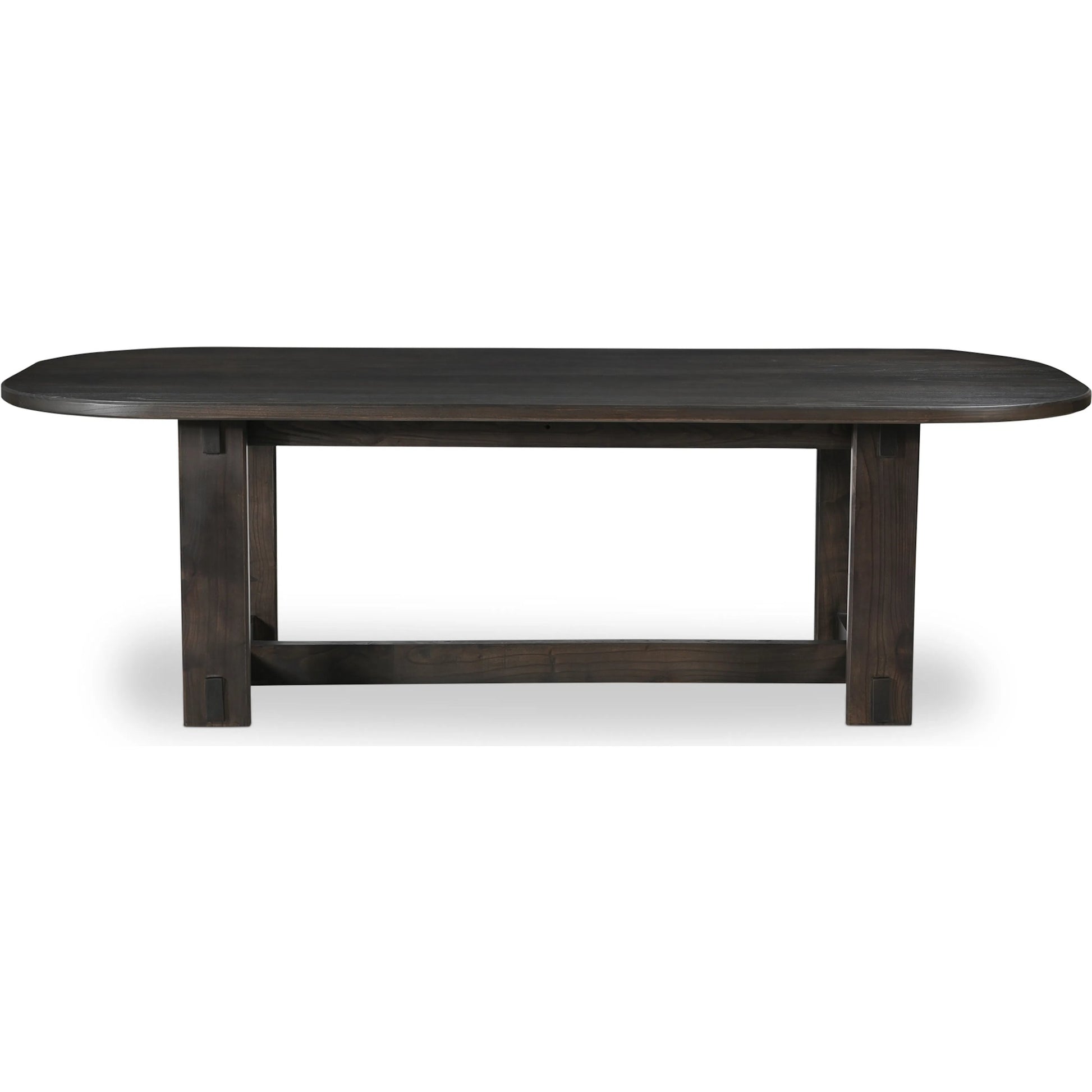 Glenn Oval Dining Table by Moe's Home Collection in dark brown. Made from solid neem wood, iron bar, connecting plates in a traditional style.
