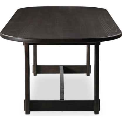 Glenn Oval Dining Table by Moe's Home Collection in dark brown. Made from solid neem wood, iron bar, connecting plates in a traditional style.