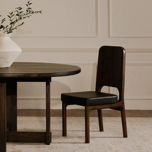 Glenn Round Dining Table by Moe's Home Collection in dark brown. Made from solid neem wood, iron bar, connecting plates in a unique style.