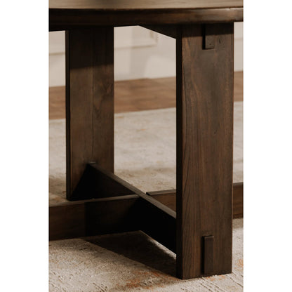 Glenn Round Dining Table by Moe's Home Collection in dark brown. Made from solid neem wood, iron bar, connecting plates in a traditional style.