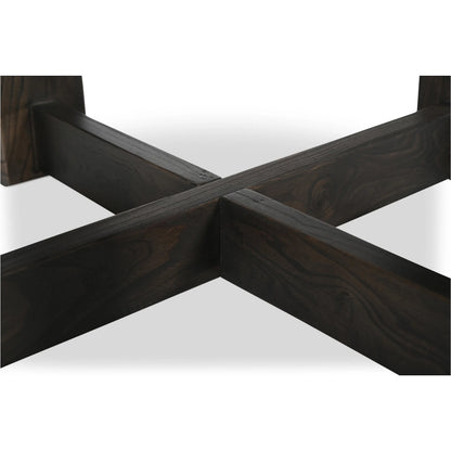 Glenn Round Dining Table by Moe's Home Collection in dark brown. Made from solid neem wood, iron bar, connecting plates in a traditional style.