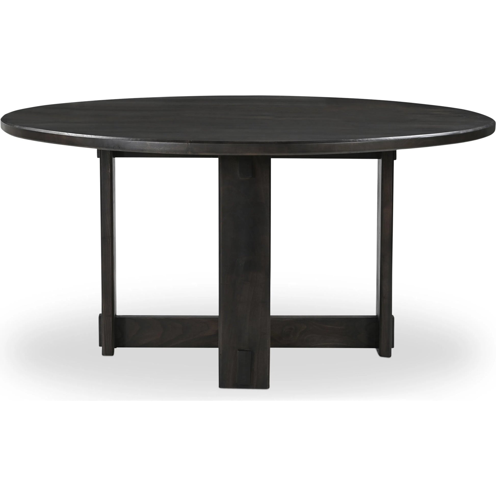 Glenn Round Dining Table by Moe's Home Collection in dark brown. Made from solid neem wood, iron bar, connecting plates in a traditional style.