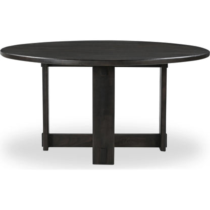Glenn Round Dining Table by Moe's Home Collection in dark brown. Made from solid neem wood, iron bar, connecting plates in a traditional style.