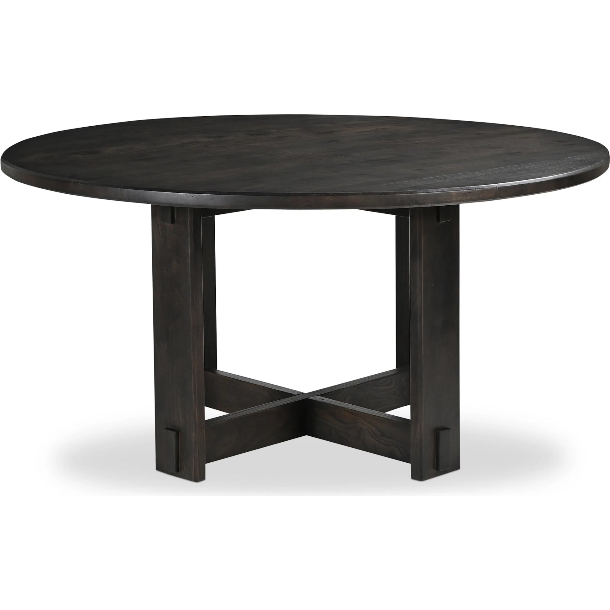 Glenn Round Dining Table by Moe's Home Collection in dark brown. Made from solid neem wood, iron bar, connecting plates in a traditional style.
