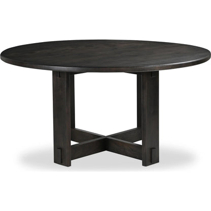 Glenn Round Dining Table by Moe's Home Collection in dark brown. Made from solid neem wood, iron bar, connecting plates in a traditional style.