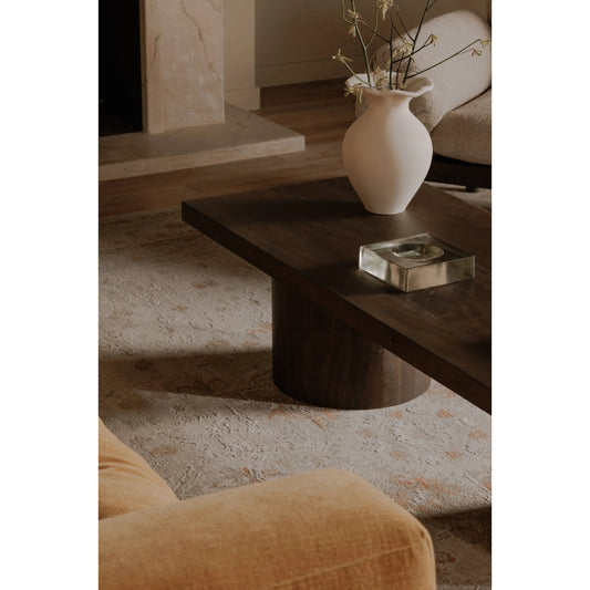 Hadley Coffee Table by Moe's Home Collection in warm brown neem. Made from reclaimed neem wood, mango veneer covering plate for legs opening, metal connecting plate in a unique style.