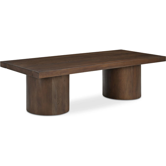 Hadley Coffee Table by Moe's Home Collection in warm brown neem. Made from reclaimed neem wood, mango veneer covering plate for legs opening, metal connecting plate in a unique style.