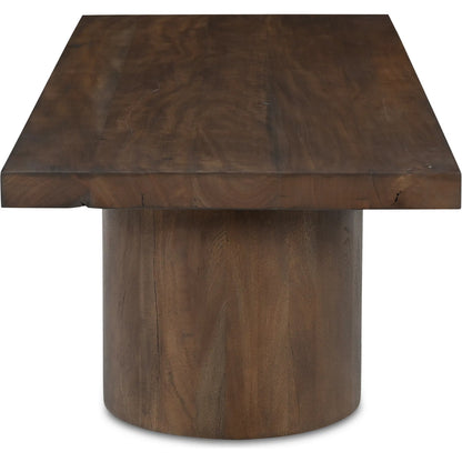 Hadley Coffee Table by Moe's Home Collection in warm brown neem. Made from reclaimed neem wood, mango veneer covering plate for legs opening, metal connecting plate in a traditional style.