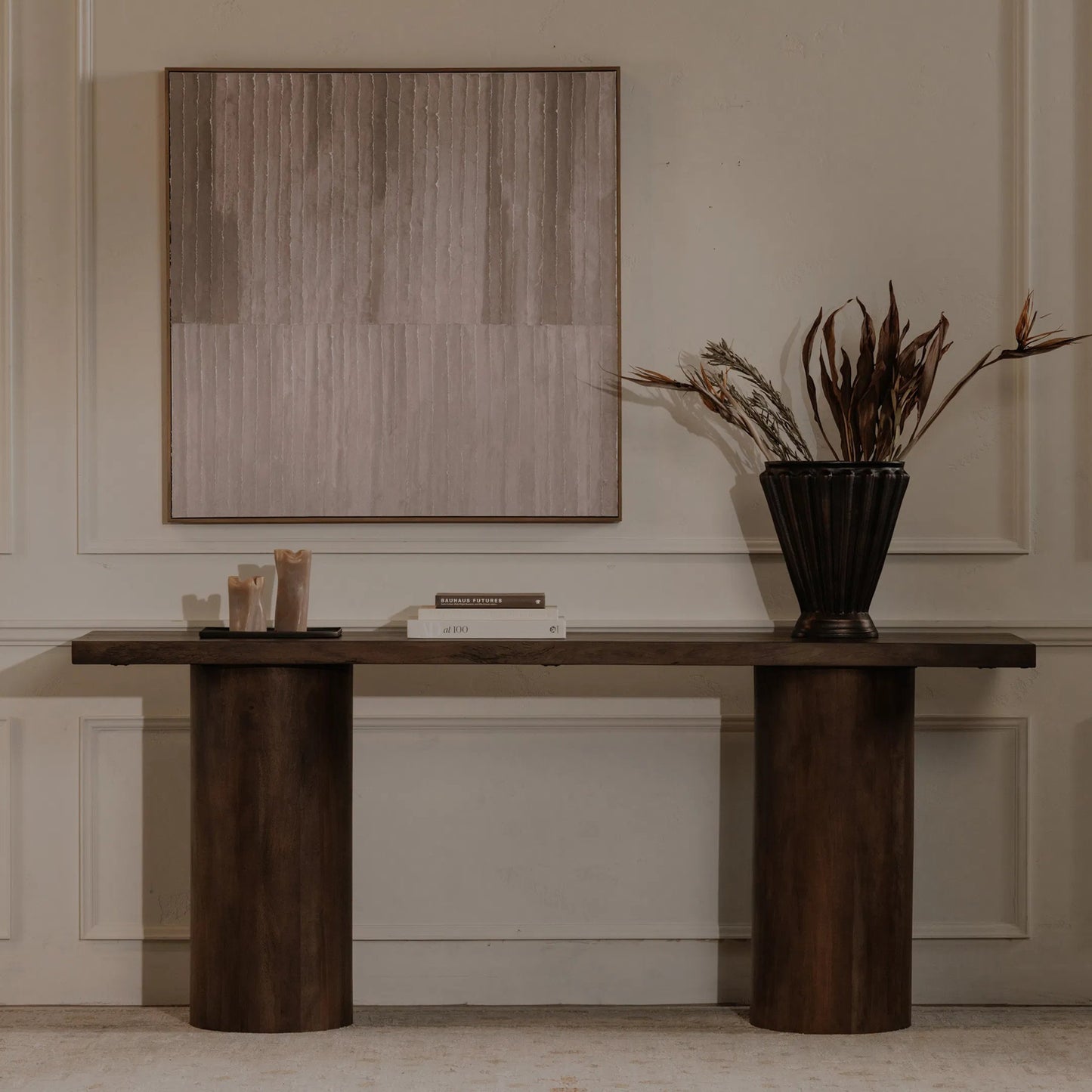 009 SI-2441399 | Lifestyle | Hadley Console Table by Moe's Home Collection in warm brown. Made from reclaimed neem wood, mango veneer covering plate for legs opening, metal connecting plate in a traditional style.