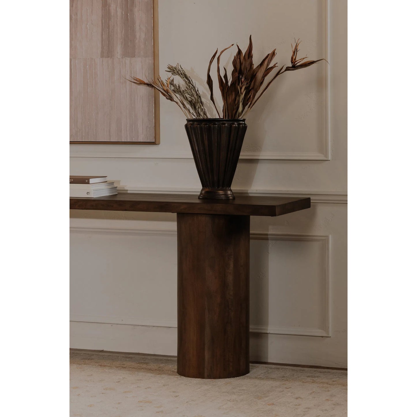 008 SI-2441399 | Lifestyle | Hadley Console Table by Moe's Home Collection in warm brown. Made from reclaimed neem wood, mango veneer covering plate for legs opening, metal connecting plate in a traditional style.