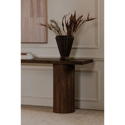 Hadley Console Table by Moe's Home Collection in warm brown. Made from reclaimed neem wood, mango veneer covering plate for legs opening, metal connecting plate in a traditional style.