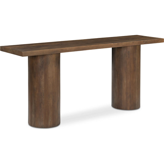 Hadley Console Table by Moe's Home Collection in warm brown. Made from reclaimed neem wood, mango veneer covering plate for legs opening, metal connecting plate in a unique style.