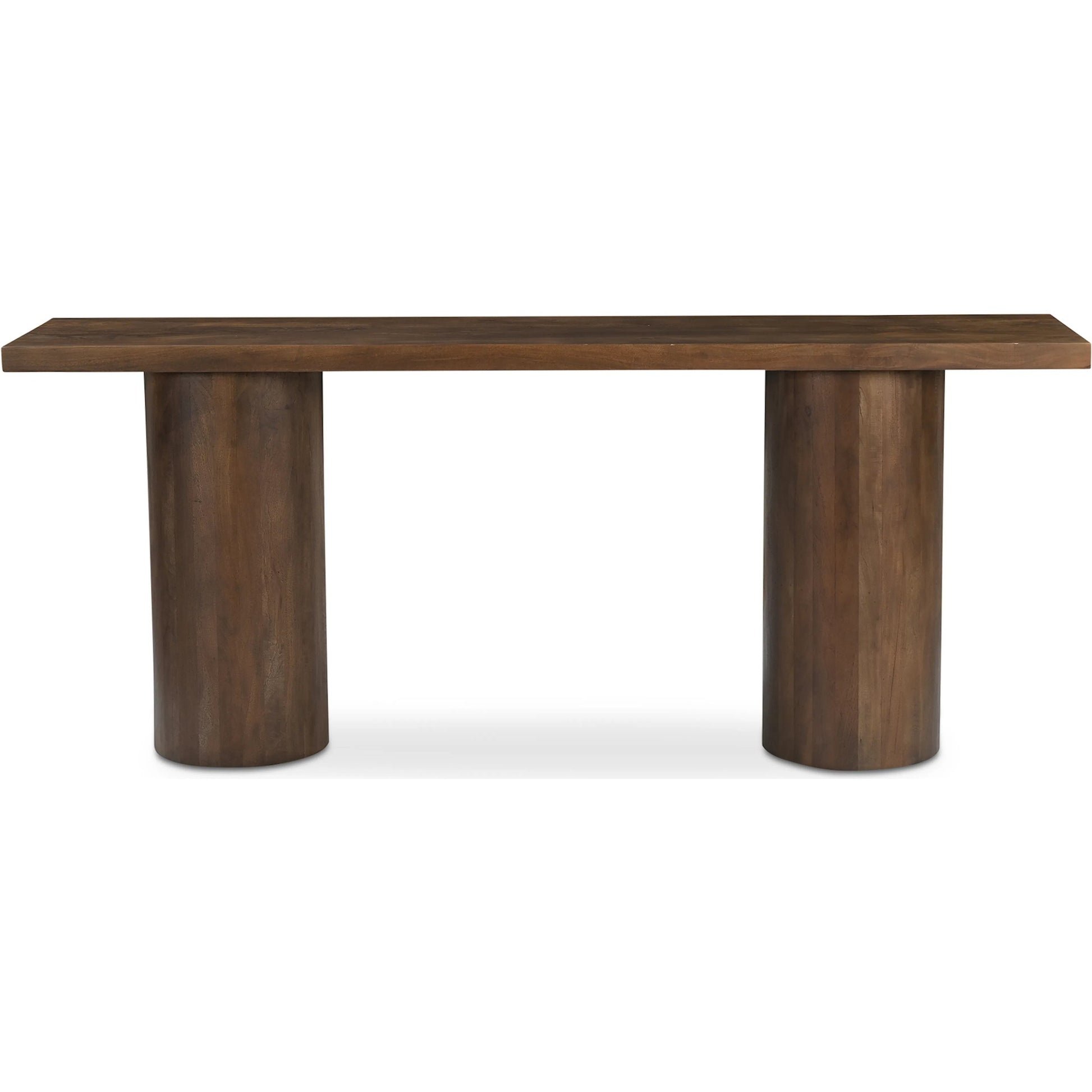 Hadley Console Table by Moe's Home Collection in warm brown. Made from reclaimed neem wood, mango veneer covering plate for legs opening, metal connecting plate in a traditional style.