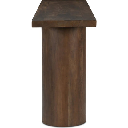 Hadley Console Table by Moe's Home Collection in warm brown. Made from reclaimed neem wood, mango veneer covering plate for legs opening, metal connecting plate in a traditional style.