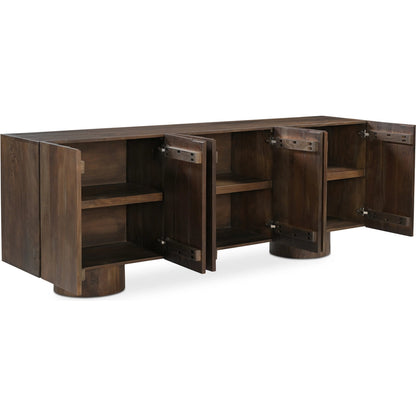 Hadley Sideboard by Moe's Home Collection in warm brown. Made from reclaimed neem wood, acacia veneer back panel, metal connecting plate in a traditional style.