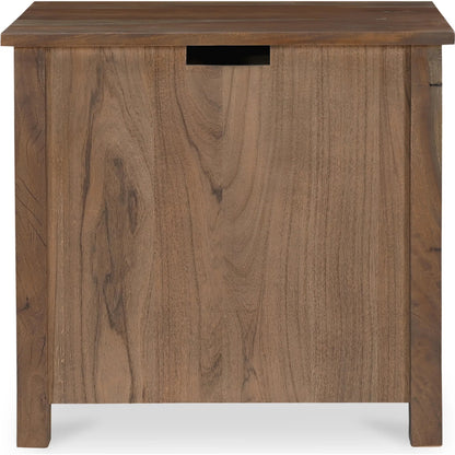 Gene Charging Nightstand by Moe's Home Collection in brown and warm brown. Made from reclaimed neem wood, mango wood drawer internal structure, acacia veneer back panel, mango veneer drawer bottom panel, wirelss charger i