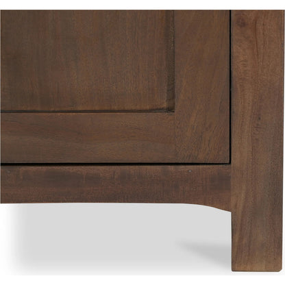 Gene Charging Nightstand by Moe's Home Collection in brown and warm brown. Made from reclaimed neem wood, mango wood drawer internal structure, acacia veneer back panel, mango veneer drawer bottom panel, wirelss charger in a trad
