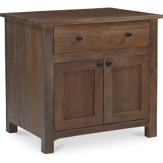 Gene Charging Nightstand by Moe's Home Collection in brown and warm brown. Made from reclaimed neem wood, mango wood drawer internal structure, acacia veneer back panel, mango veneer drawer bottom panel, wirelss charger in a