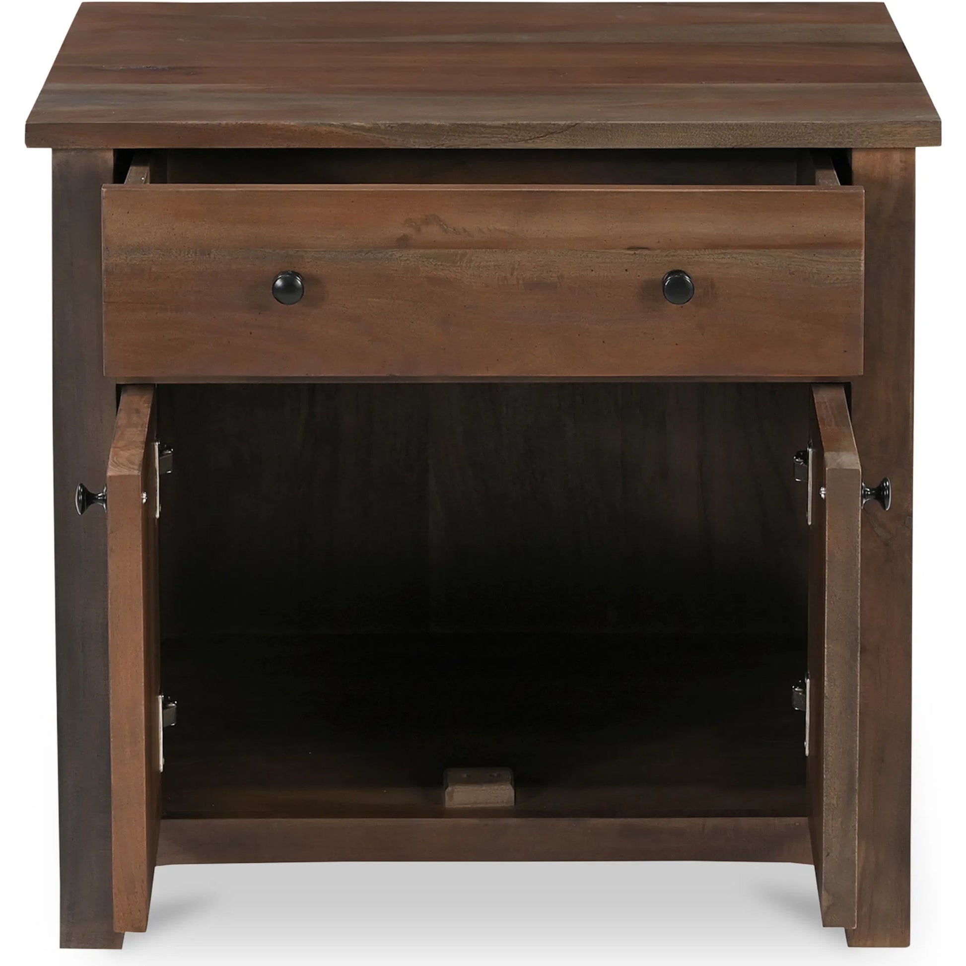 Gene Charging Nightstand by Moe's Home Collection in brown and warm brown. Made from reclaimed neem wood, mango wood drawer internal structure, acacia veneer back panel, mango veneer drawer bottom panel, wirelss charger i