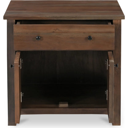 Gene Charging Nightstand by Moe's Home Collection in brown and warm brown. Made from reclaimed neem wood, mango wood drawer internal structure, acacia veneer back panel, mango veneer drawer bottom panel, wirelss charger i