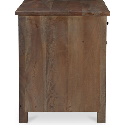 Gene Charging Nightstand by Moe's Home Collection in brown and warm brown. Made from reclaimed neem wood, mango wood drawer internal structure, acacia veneer back panel, mango veneer drawer bottom panel, wirelss charger i