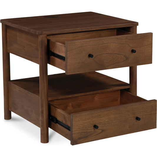 Lottie Charging Nightstand by Moe's Home Collection in brown and mid-tone brown. Made from hill neem wood, mango veneer drawer bottom panel, wirelss charger in a unique style.