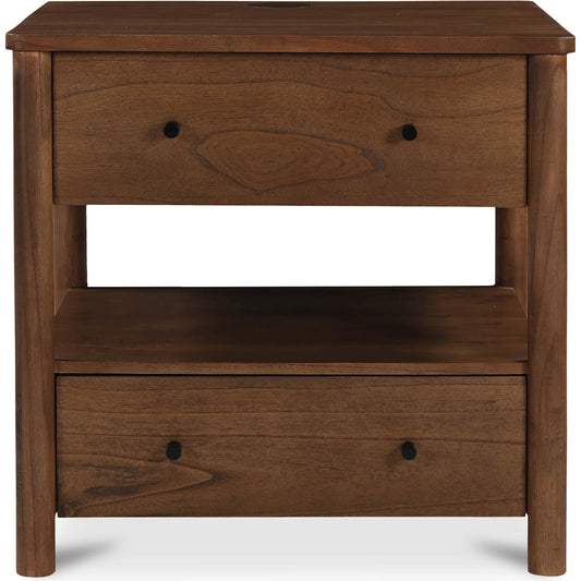 Lottie Charging Nightstand by Moe's Home Collection in brown and mid-tone brown. Made from hill neem wood, mango veneer drawer bottom panel, wirelss charger in a unique style.