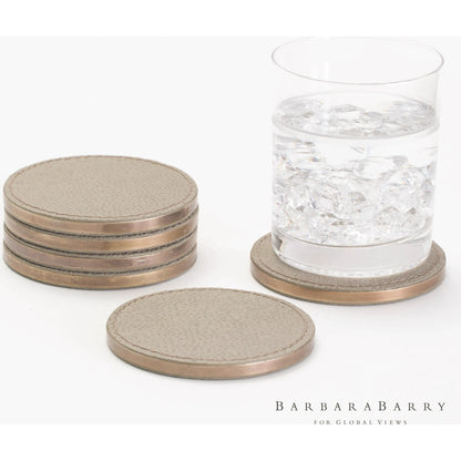 Alpen Coasters by Global Views. Made from mdf, brass, leather, polyester suede in a transitional style.