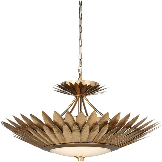 Plumage Semi-Flush Mount by Currey and Company in antique brass, white. Made from brass, metal, glass in a modern style.