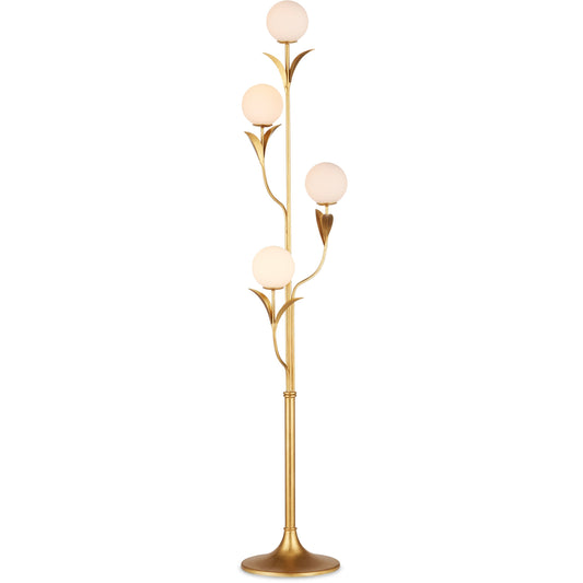 Rossville Floor Lamp by Currey and Company in contemporary gold leaf, frosted white. Made from wrought iron, glass in a modern style.