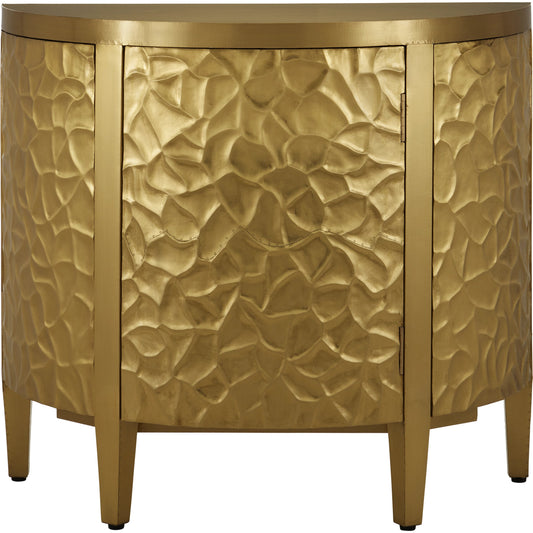 Auden Demi-Lune Cabinet by Currey and Company in brass. Made from brass, solid teak in a modern style.