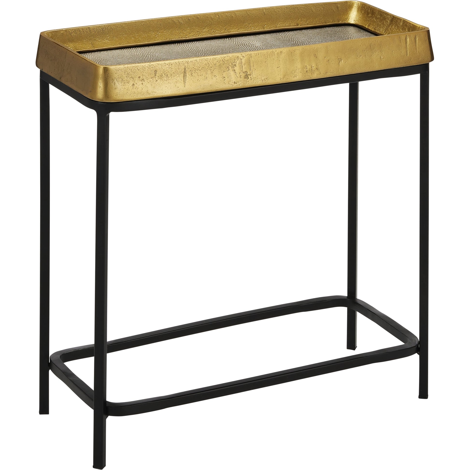 Tanay Side Table by Currey and Company in antique brass, graphite, black. Made from cast aluminum, iron in a transitional style.