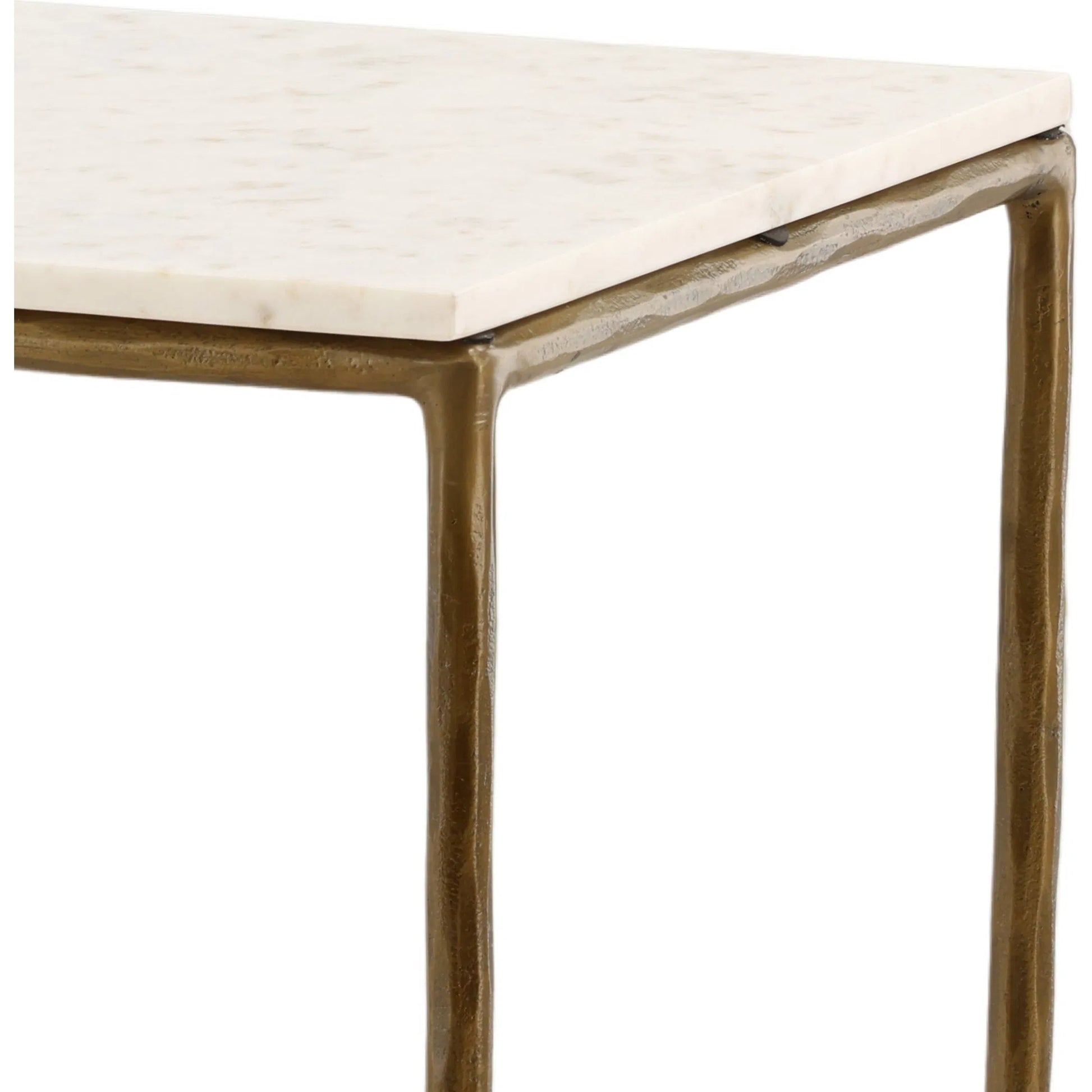 Erik Console Table by Arch & Plane in white marble, antique brass finish. Made from marble top with forged iron base in a modern style.