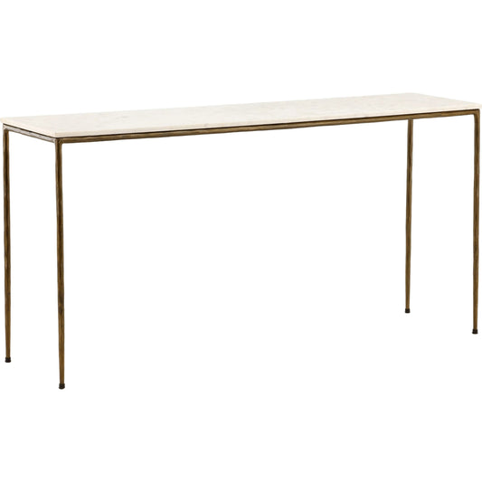 Perugia Console Table by Arch & Plane in white marble, antique brass finish. Made from marble top with forged iron base in a unique style.