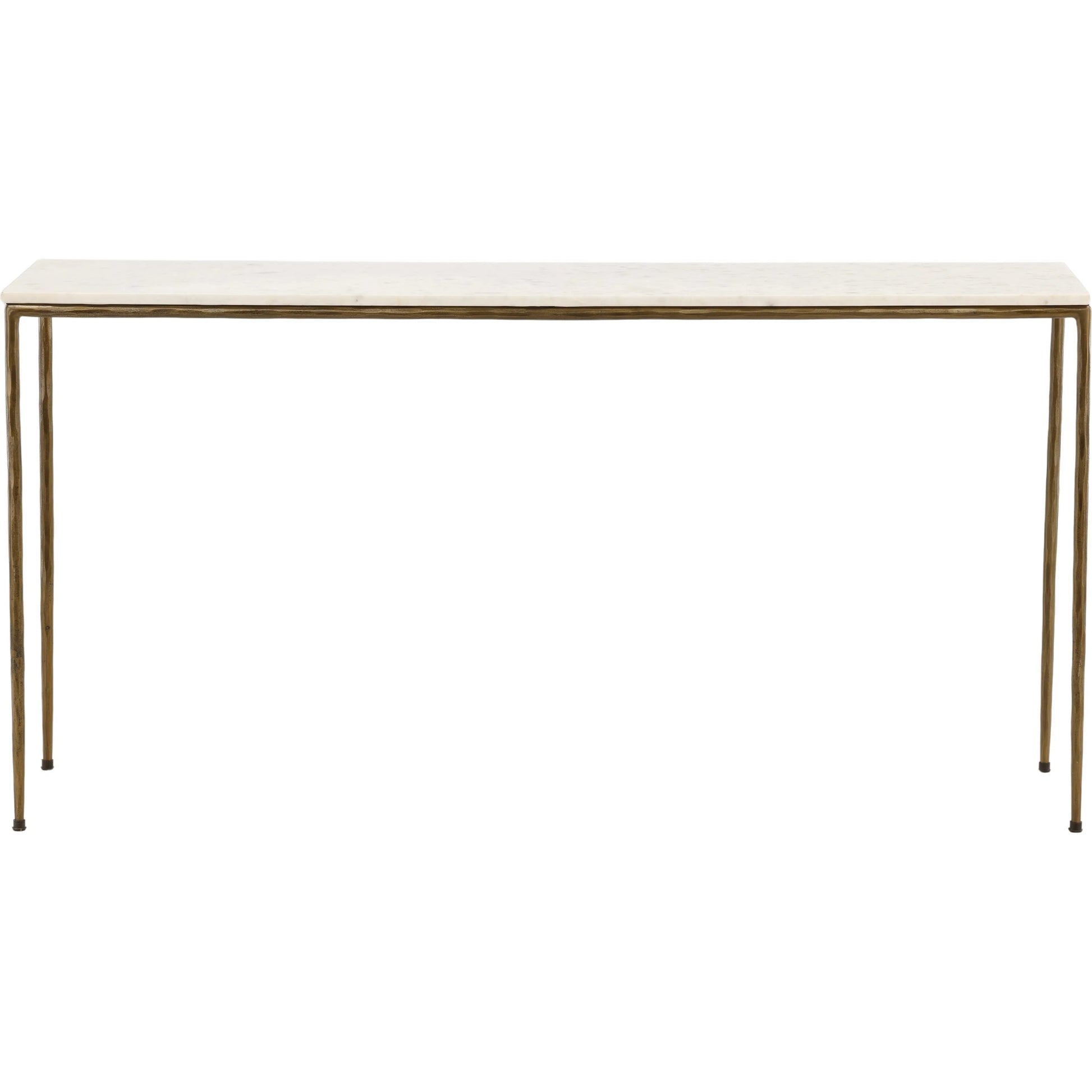 Erik Console Table by Arch & Plane in white marble, antique brass finish. Made from marble top with forged iron base in a modern style.