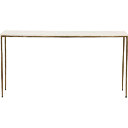 Erik Console Table by Arch & Plane in white marble, antique brass finish. Made from marble top with forged iron base in a modern style.