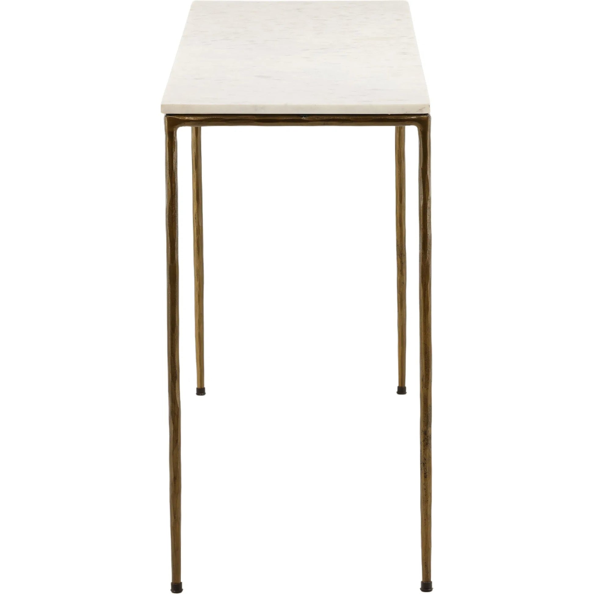 Erik Console Table by Arch & Plane in white marble, antique brass finish. Made from marble top with forged iron base in a modern style.